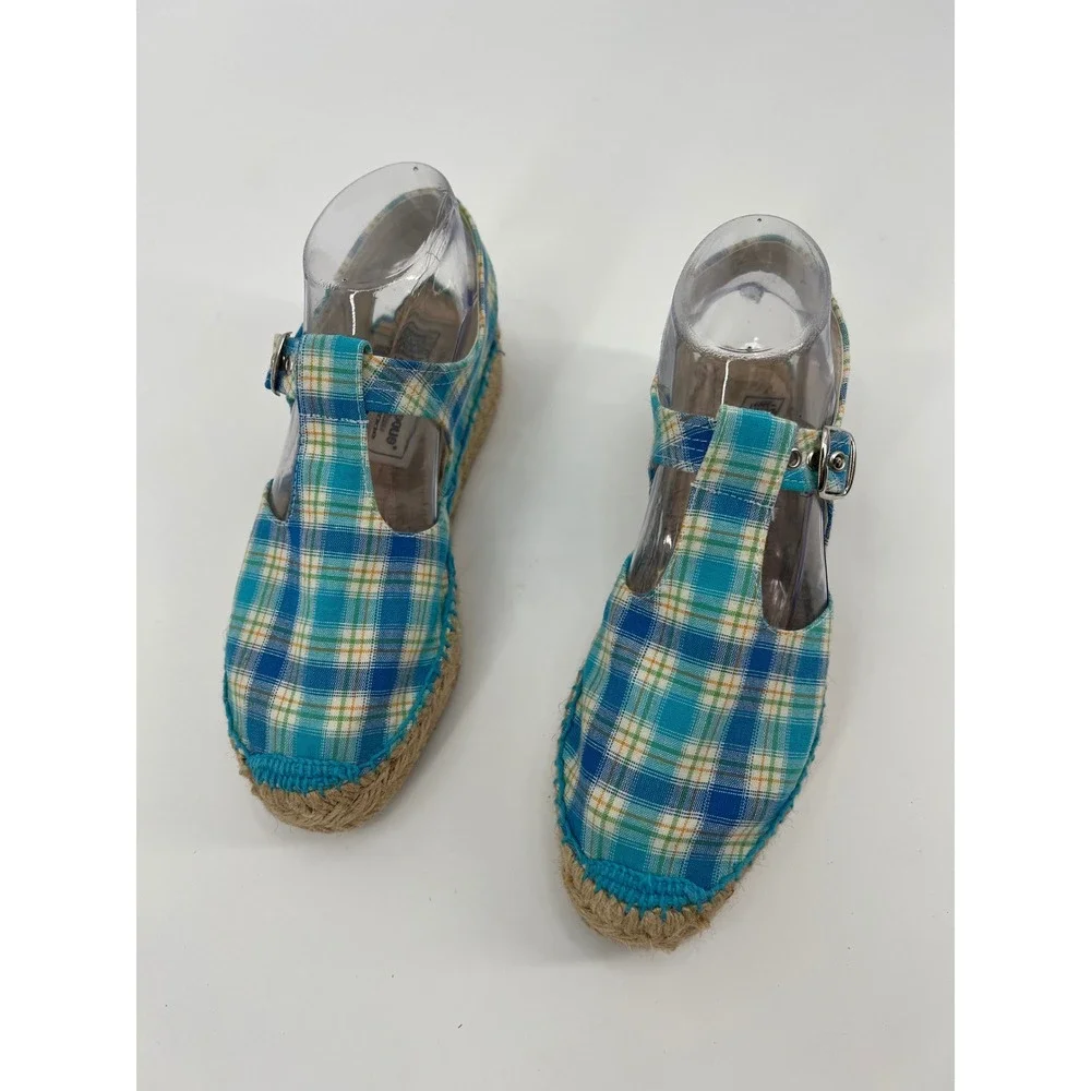 Andre Assous Plaid Espadrille T-Strap Platform Sandals Blue Green Womens 6